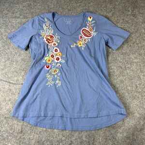Catie Shirt Womens Medium V-Neck Embroidered Floral Cotton Made In USA Flaw